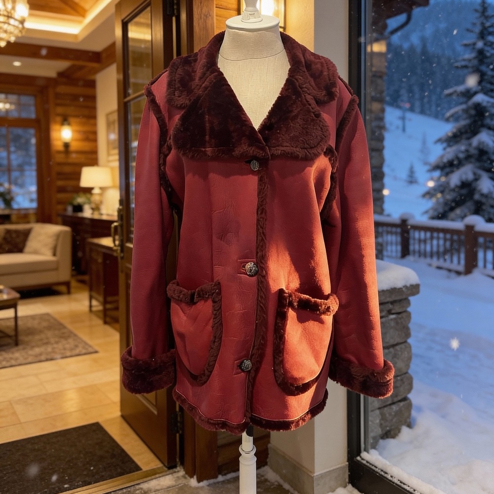 Shearling Sheepskin Women's Coat Jacket by Canadian Designer SMALL Burgundy WARM